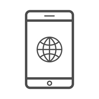 Telefon dünya küre satırı simgesi, vektör işareti, anahat üzerinde beyaz izole doğrusal stil piktogram.