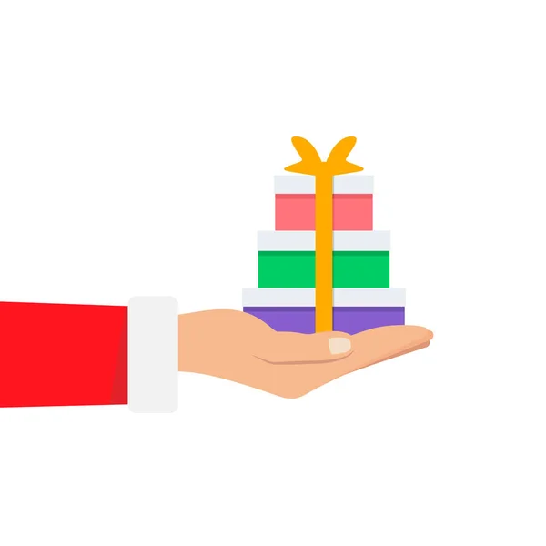 Mano di Babbo Natale in possesso di una grande pila molti scatola regalo di Natale su sfondo bianco o — Vettoriale Stock
