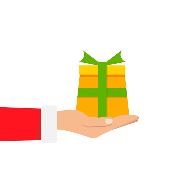 Regalo di Babbo Natale. Babbo Natale tiene in mano la confezione regalo bianca. Illustrazione vettoriale design piatto. Buon Natale e Felice Anno Nuovo i — Vettoriale Stock