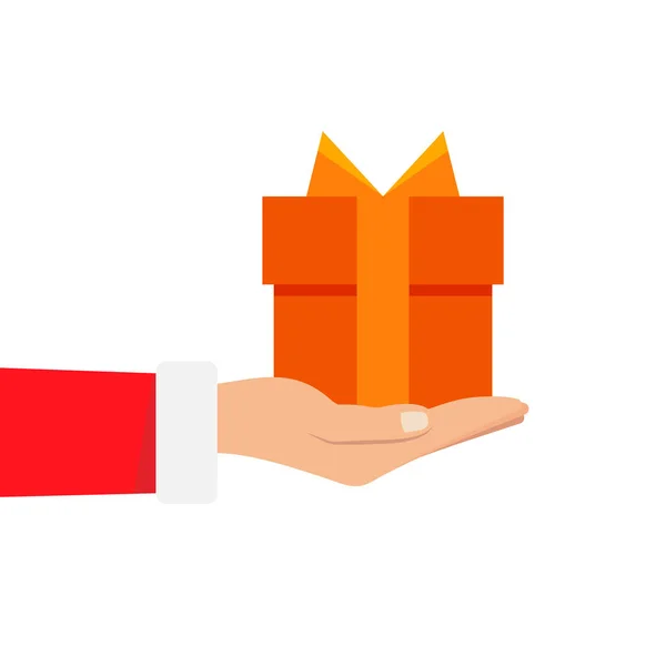 Cadeau du Père Noël. Père Noël tenant boîte cadeau blanc dans la main. Illustration vectorielle design plat. Joyeux Noël et bonne année u — Image vectorielle