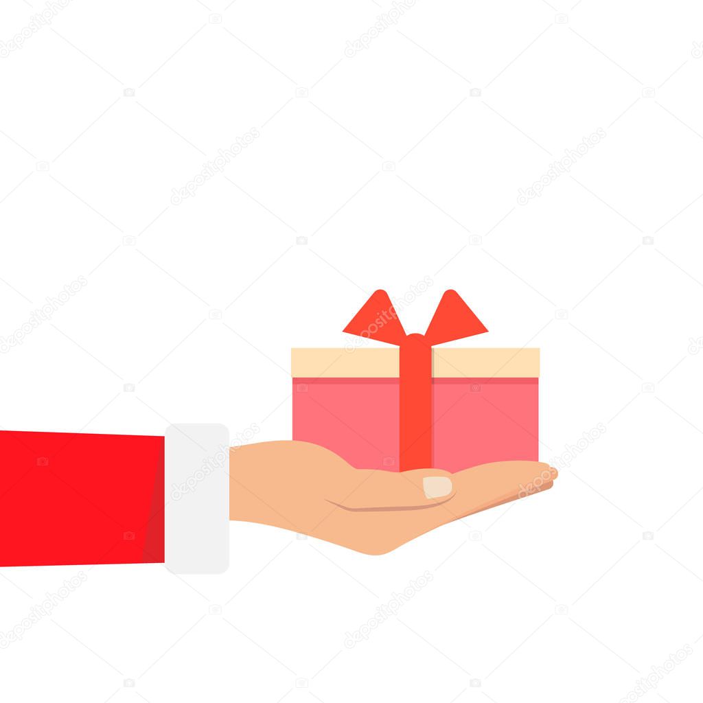 Gift from Santa Claus. Santa Claus holding white gift box in hand. Vector illustration flat design. Merry Christmas and Happy New Year f