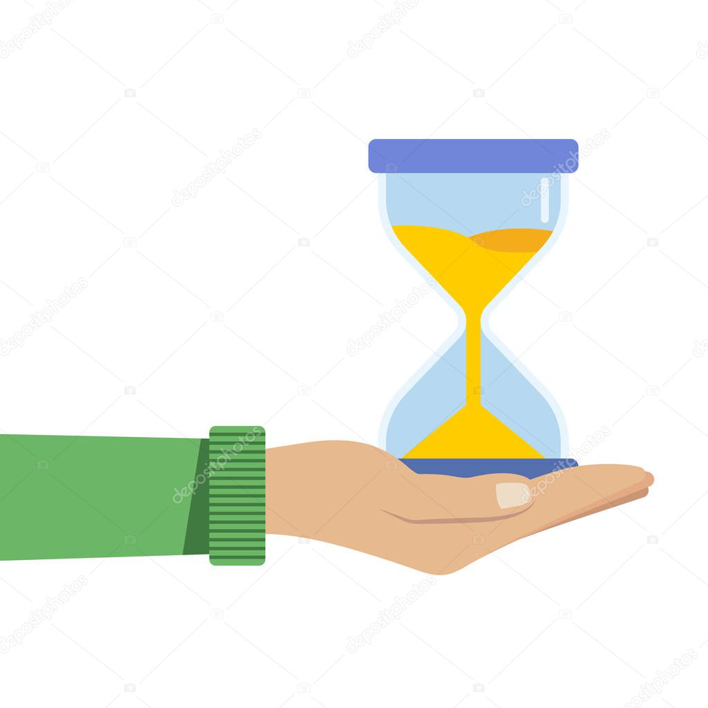 Human hand holds a hourglass. Business and time management concept. Isolated vector illustration a
