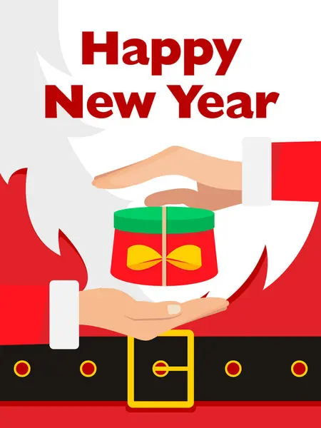 Noel Baba mesaj afiş. Kırmızı Noel Baba takım elbise, deri kemer altın toka, beyaz sakallı, hediye ya da mevcut, kavram Noel tebrik veya davetiye kartı k için sunan