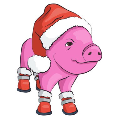 Kırmızı bir Santa Claus şapka ve ayakkabılar beyaz izole domuz.
