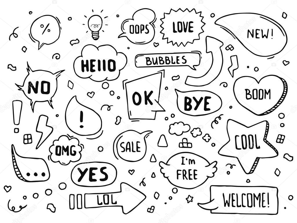 Hand drawn vector speech bubbles with hi, hello, thank you and many more in doodle style with cute arrows, hearts and stars.