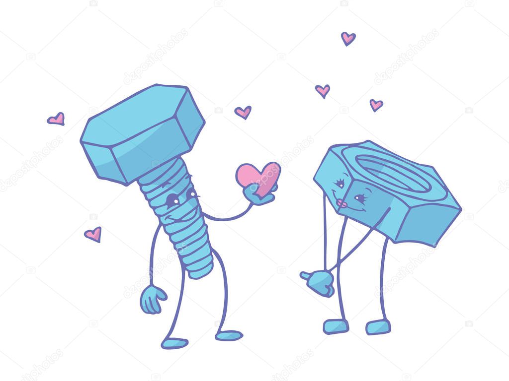 Love between bolt and nut. Vector illustration on white background.