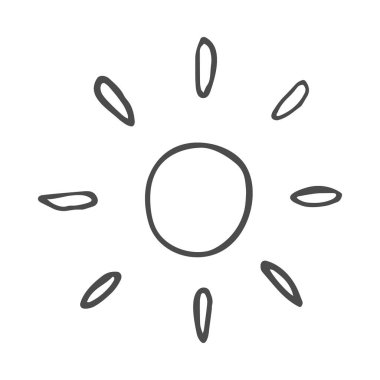 Güzel bir çizgi film çizimi. Tatlı vektör siyah beyaz güneş çizimi. İzole edilmiş tek renkli karalama güneşi beyaz arkaplana çiziyor.