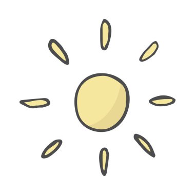 Sevimli çizgi elle çizilmiş güneş çizim. Tatlı vektör renk güneş çizim. Beyaz arka plan üzerinde çizim izole tek renkli doodle güneş.