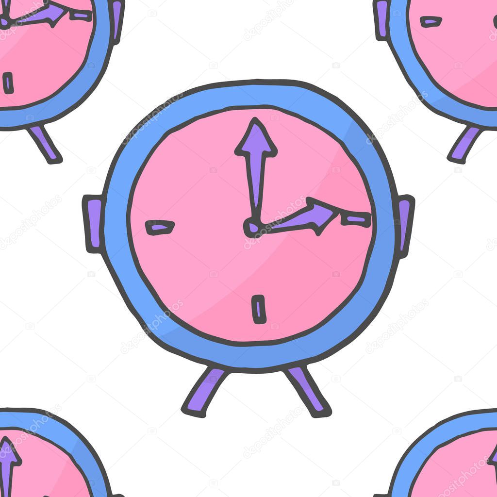 doodle pink and violet clock seamless pattern