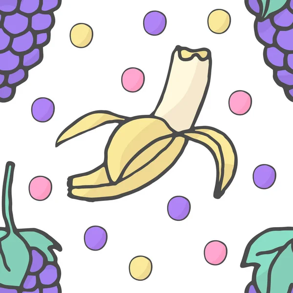 Frutas frescas de dibujos animados en estilo garabato plano. Uva, plátano. Patrón sin costura . — Vector de stock