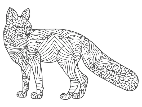 Zentangle wektor szczęśliwy Fox dla dorosłych anty stres kolorowanki. Ozdobna plemienna ilustracja do tatuażu, plakatu, nadruku. Ręcznie rysowany szkic izolowany na białym tle. — Wektor stockowy