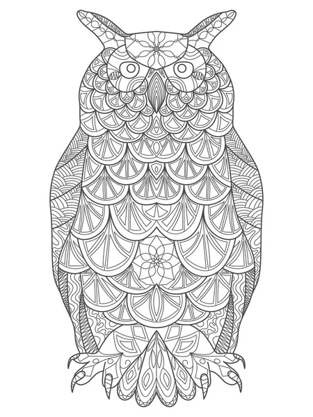 Vektör el dalda oturan Baykuş 'u çizdi. Siyah beyaz zencefil sanatı. Stres önleyici kitap, dövme, poster, baskı ve tişört için etnik desenli illüstrasyon.