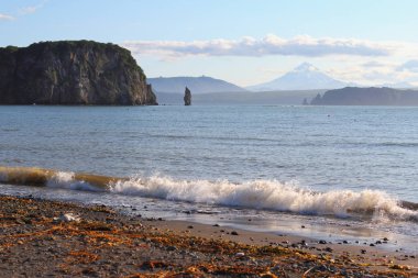 Avacha Bay Viluchinsky volkan, Petropavlovsk Kamchatsky, Rusya'nın arka plan üzerinde.