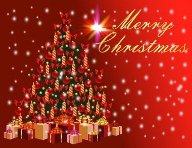 Parlak Noel ağacı ve hediyeler kırmızı arka plan üzerinde renkli poster 