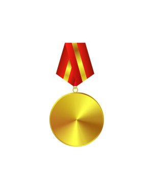 Beyaz arkaplanda kırmızı kurdeleli altın madalya