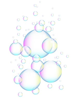 Beyaz arkaplanda izole edilmiş renkli sabun köpükleri