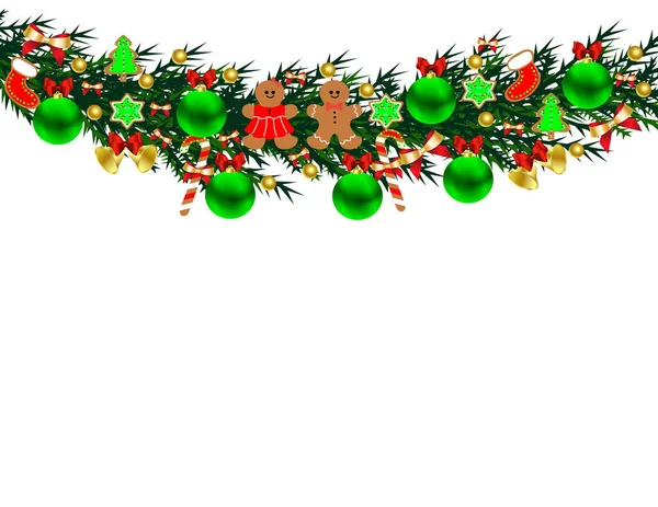 ボールと白い背景上のジンジャーブレッドのカップルでカラフルな輝くクリスマスの装飾 — ストックベクタ