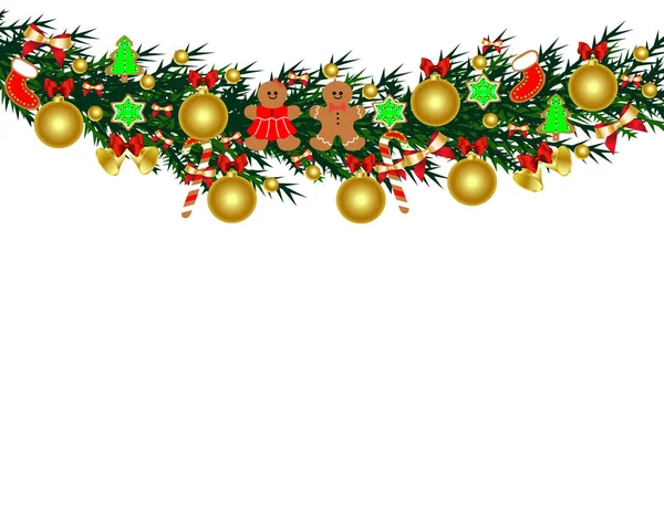 Färgglada Glödande Juldekoration Med Bollar Och Pepparkakor Par Vit Bakgrund — Stock vektor