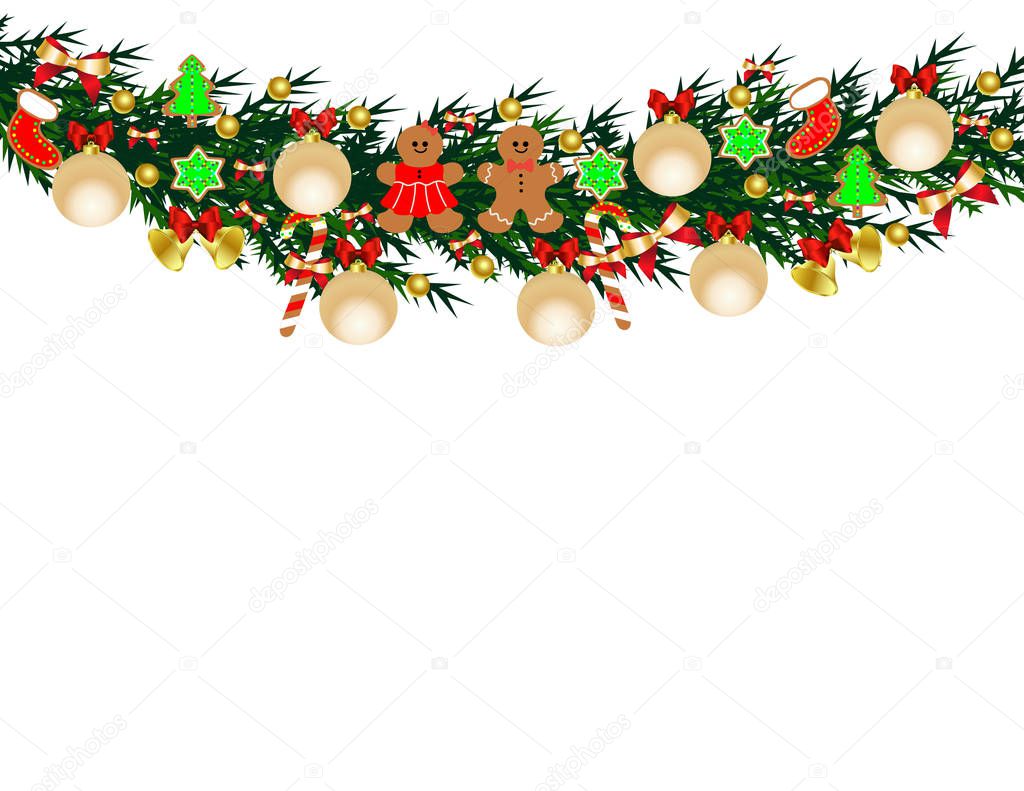 Colorful glowing Christmas decoration with balls and Gingerbread couple on white background