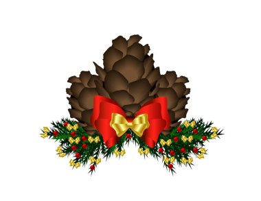 güzel kahverengi çam kozalakları beyaz izole parlak Noel süslemeleri ile yakından görmek