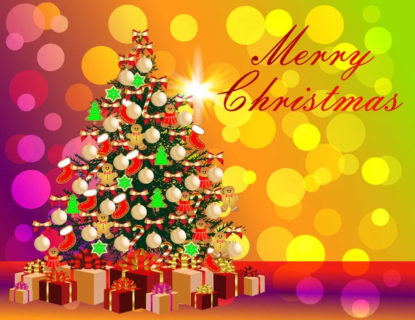 Beautiful Festive Card Fir Tree Decorations Gifts Merry Christmas Inscription — Stock Vector