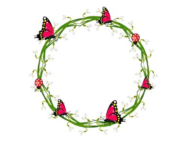 kardelen, kelebekler ve beyaz arka plan üzerinde izole ladybugs ile güzel yuvarlak çiçek çelenk