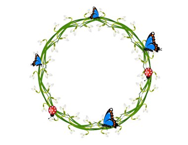 kardelen, kelebekler ve beyaz arka plan üzerinde izole ladybugs ile güzel yuvarlak çiçek çelenk