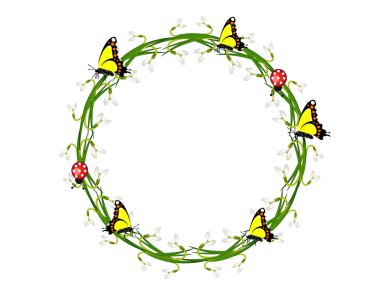 kardelen, kelebekler ve beyaz arka plan üzerinde izole ladybugs ile güzel yuvarlak çiçek çelenk