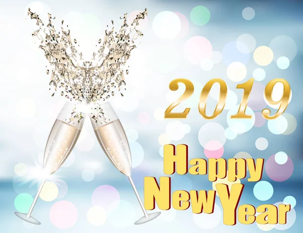 beautiful happy new year poster with glasses of champagne and 2019 symbol