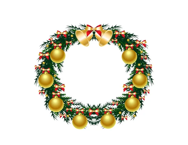 Couronne Noël Décorative Avec Cloches Boules Dorées Isolées Sur Fond — Image vectorielle