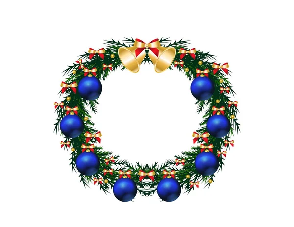 Couronne Noël Décorative Avec Cloches Boules Bleues Isolées Sur Fond — Image vectorielle