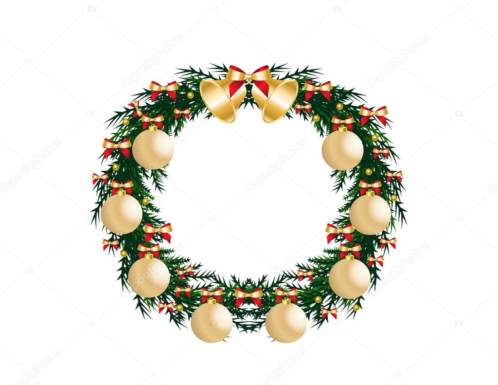 decorative christmas wreath with bells and golden baubles isolated on white background  