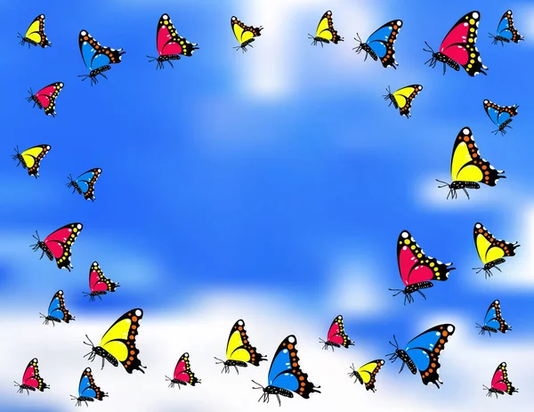 Beaux Papillons Colorés Volant Dans Ciel Bleu Avec Des Nuages — Image vectorielle