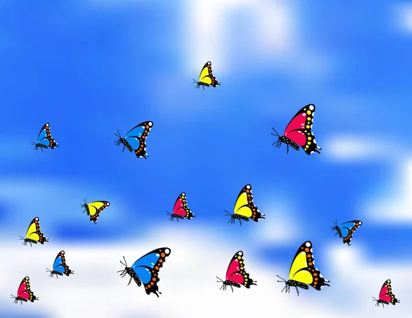 Beaux Papillons Volant Dans Ciel Bleu Avec Des Nuages Blancs — Image vectorielle