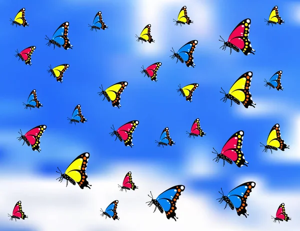 Beaux Papillons Colorés Volant Dans Ciel Bleu Avec Des Nuages — Image vectorielle