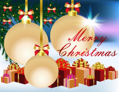 güzel neşeli Noel kart köknar şubeleri, hediye kutuları ve altın baubles ile 
