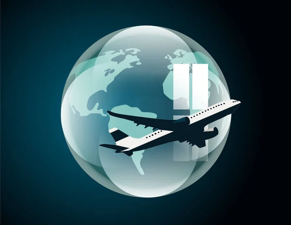 Flugzeug Fliegt Auf Hintergrund Der Welt Transport Und Reise Banner — Stockvektor
