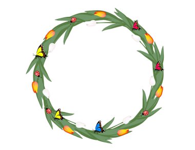 lale, kelebekler ve beyaz arka plan üzerinde izole ladybugs ile güzel çiçek çelenk