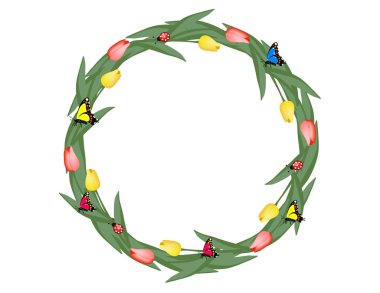 lale, kelebekler ve beyaz arka plan üzerinde izole ladybugs ile güzel çiçek çelenk