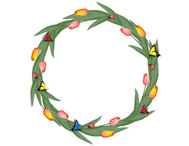 lale, kelebekler ve beyaz arka plan üzerinde izole ladybugs ile güzel yuvarlak çiçek çelenk