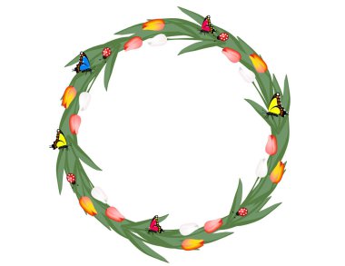 lale, kelebekler ve beyaz arka plan üzerinde izole ladybugs ile güzel yuvarlak çiçek çelenk