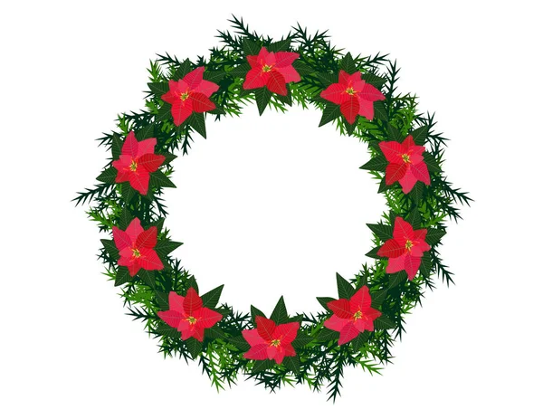 Красивий Круглий Різдвяний Вінок Пуансетті Ізольований Білому Тлі — стоковий вектор