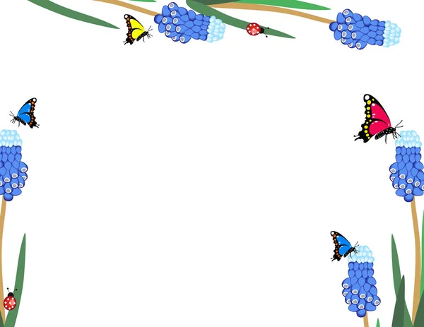 Голубые Цветы Красивые Бабочки Божьи Коровки Белом Фоне — стоковый вектор