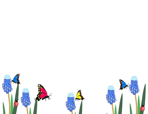 Belles Fleurs Bleues Papillons Coccinelles Isolés Sur Fond Blanc — Image vectorielle