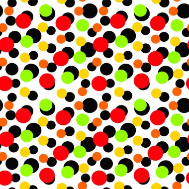 Beyaz arka plan üzerinde kırmızı, yeşil, turuncu ve siyah daireler ile parlak soyut geometrik desen 