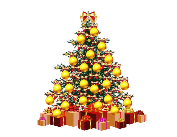Bellissimo Albero Natale Con Palline Gialle Decorative Scatole Regalo Isolate — Vettoriale Stock