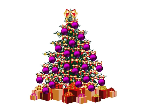 Hermoso Árbol Navidad Con Adornos Bolas Moradas Cajas Regalo Aisladas — Vector de stock