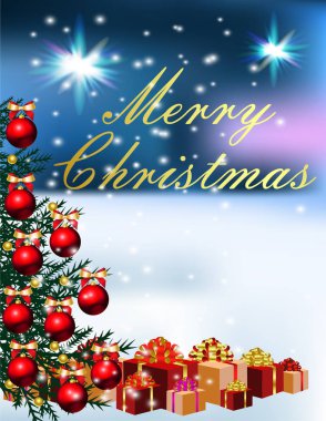 Noel kartı köknar ağacı, baubles, hediye kutuları ve neşeli Noel yazıt ile  