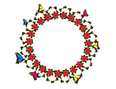 gül, peonies ve beyaz arka plan üzerinde izole kelebekler ile güzel çelengi 