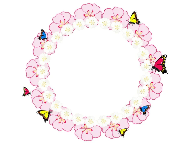 Beautiful Wreath Spring Flowers Butterflies Isolated White Background — Stock Vector